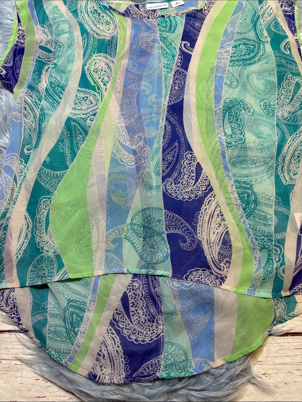 Liz Claiborne Blue, Teal & Green Paisley Sheer Blouse sz M - Picture 4 of 7